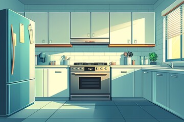 Modern Interior Kitchen Design: White Cabinets, Appliances, and Natural Light
