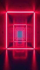 Red virtual abstract background space tunnel with neon line lights, reality square portal arch tunnel, vibrant colors laser show,  vibrant colors,  space