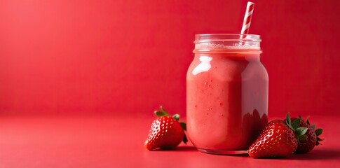 Refreshing strawberry smoothie in a glass jar on a vibrant red background,  freshness,  nutrition