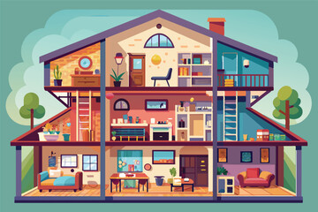 This image shows a cutaway view of a modern home interior, revealing all three levels of the house.