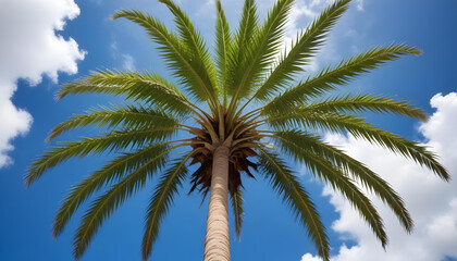 Obraz premium Looking up at a tall palm tree with lush green leaves against a bright blue sky.