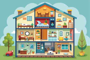 A colorful cartoon illustration depicting a multi-level house with various rooms and furniture. Each level is sectioned off to show the interior of the home.