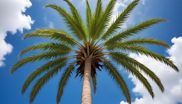 Looking up at a tall palm tree with lush green leaves against a bright blue sky.