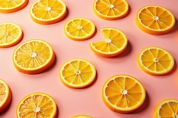 Repetitive arrangement of orange slices on pink backdrop,  design,  exotic