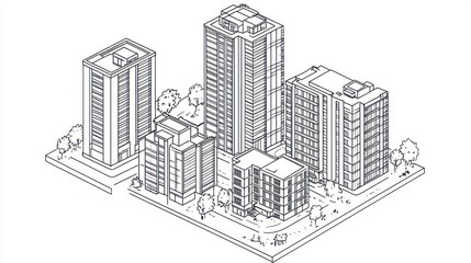 Fototapeta premium Isometric city architectural illustration showing urban high-rise buildings