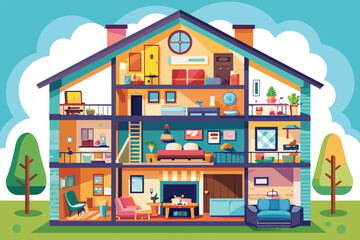 An illustration of a modern home with rooms, decor, green grass, and trees. Interior shows living room, kitchen, bedrooms, bathrooms, and cheerful exterior.