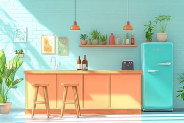 Modern Kitchen Interior Design with Colorful Decor and Functional Furniture in Cozy Home