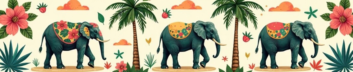 Retro tropical seamless pattern with elephant, palm tree, and flower illustrations in patchwork style,  exotic,  texture