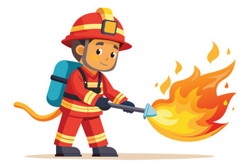 A cartoon firefighter in a red uniform holds a hose and sprays water onto a cartoon flame.