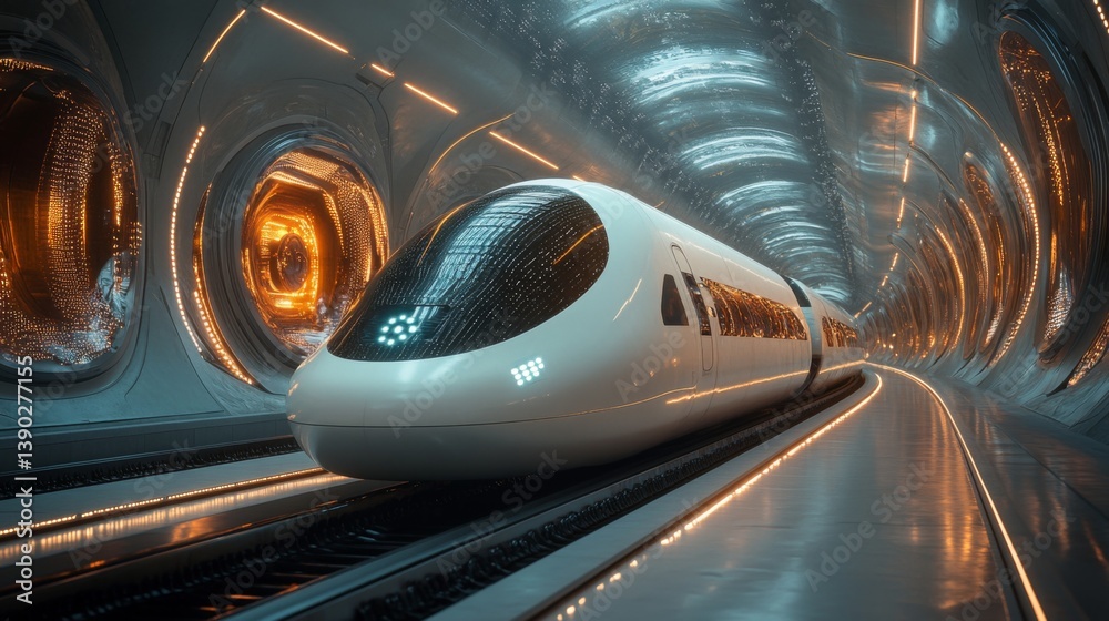Poster a sleek automatic train glides through an advanced transportation tunnel featuring innovative infras