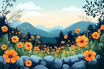 Vibrant Floral Landscape Illustration: Colorful Landscape Design with Mountains and Eco-Friendly Natural Beauty