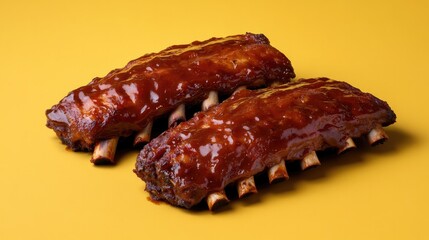 Juicy ribs glazed with rich barbecue sauce, showcasing glossy fi