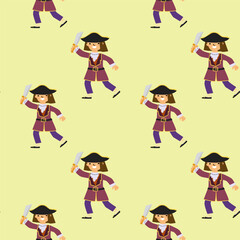 Cartoon pirate characters in purple outfits on yellow background.