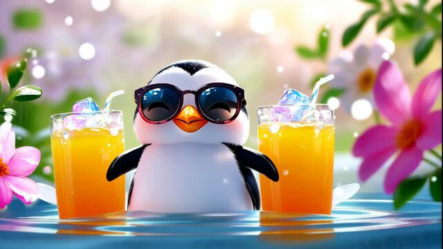 3d cartoon cute penguin and summer tropical cocktail  on the beach. sea summer tropic travel concept.