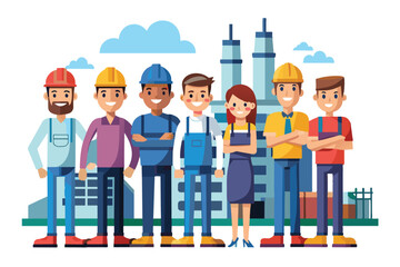 A cartoon illustration depicts a group of smiling construction workers, including men and women, standing in front of a city skyline.