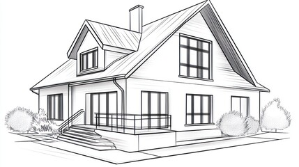 Architectural drawing of a house, exterior view, possible use for design concepts