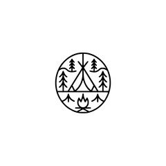Minimalist Camping Logo: Tent, Trees, Fire, Adventure Emblem
