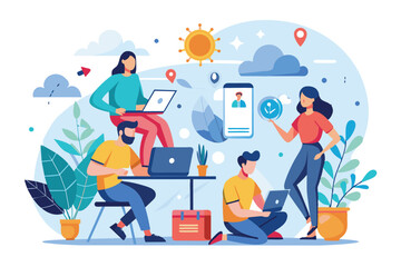 Obraz premium An illustration of four people working together on laptops and smartphones. The people are diverse and represent different genders. They are working in a modern office setting.