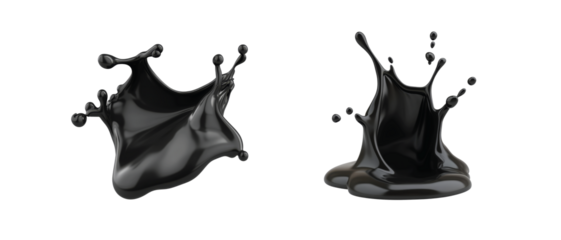 Black ink splashes in various dynamic shapes and forms create abstract visual interest