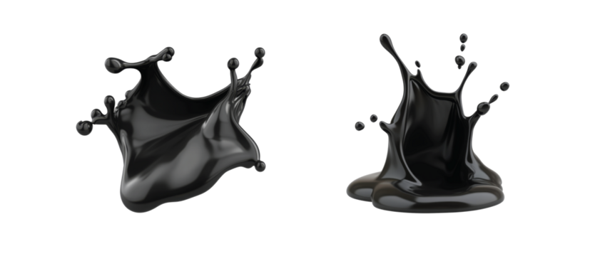 Black ink splashes in various dynamic shapes and forms create abstract visual interest