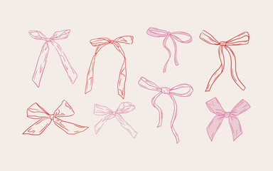 Set of hand-drawn linear style bows perfect for wedding and Valentine’s Day design.