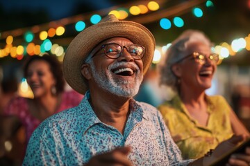 Portrait of cheerful senior friends enjoying an outdoor night concert in the city