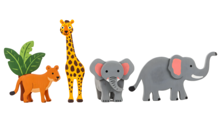 Cartoon animals including a lion giraffe and two elephants together