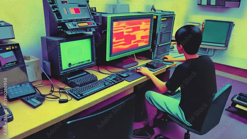 Poster retro computer technologies and gaming setup with vibrant screens generative ai