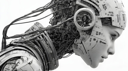 Futuristic Female Android with Exposed Mechanical Components.
A highly detailed and artistic rendering of a futuristic female android with a serene expression, showcasing intricate internal machinery
