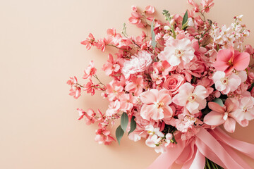 Obraz premium Luxurious wedding bouquet with pink flowers decorated with silk ribbons on a beige background