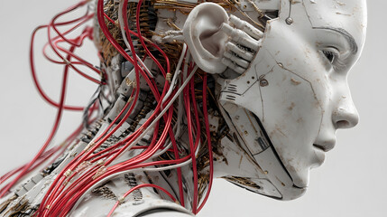 Futuristic Female Android with Exposed Mechanical Components.
A highly detailed and artistic rendering of a futuristic female android with a serene expression, showcasing intricate internal machinery
