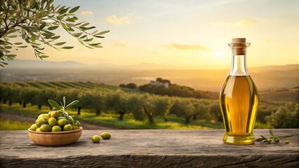 Obraz premium Olive oil bottle and olives on wooden table with olive trees background