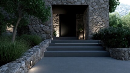 Fototapeta premium Exterior stone pathway and entrance to a modern home at dusk