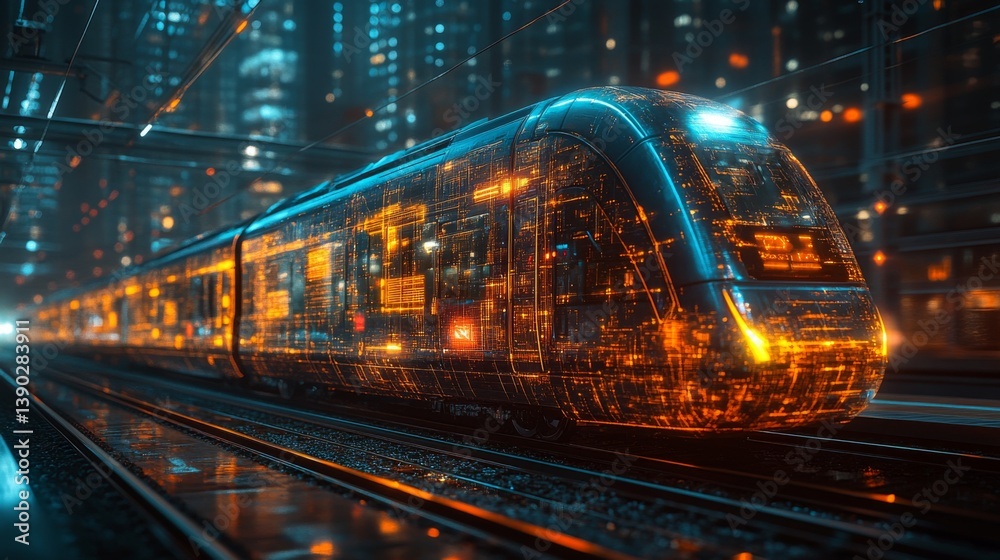 Fototapete Autonomous trains equipped with advanced control systems glide smoothly along tracks in a futuristic urban environment, showcasing innovations in logistics and mobility.