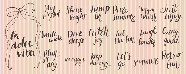 Retro Handwritten Lettering Quotes with Ribbon Bow on Striped Background evoke Playful Summer Vibes in Vintage Aesthetic for Creative Design. Vector illustration