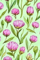 Obraz premium Watercolor Pink Flower Seamless Pattern Botanical Illustration