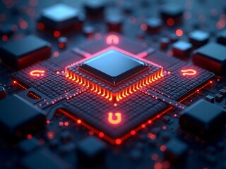 Obraz premium A close-up of a quantum processor with glowing qubits and intricate cooling systems, dark tech background