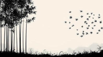 Minimalist Bamboo Forest Silhouette with Flying Birds at Sunset: Tranquil Black and White Nature Illustration Highlighting Scenic Asian Landscape and Tropical Outdoors