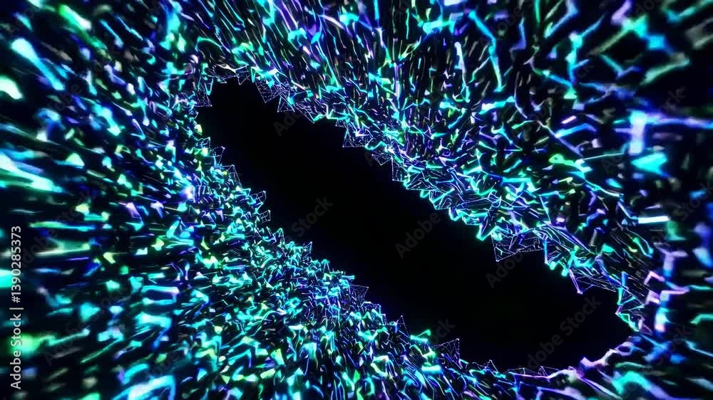 Poster bright blue and green particles swirl and converge, creating a dynamic tunnel effect against a stark