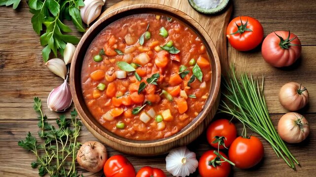 Bowl of fresh vegetable soup on rustic wood table surrounded by raw ingredients including tomatoes, herbs, and garlic for healthy eating themes