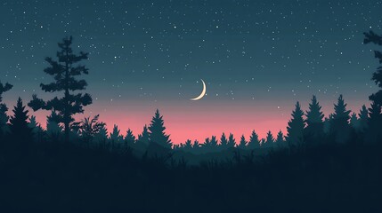 Fototapeta premium Night forest silhouette with crescent moon and pink sky.