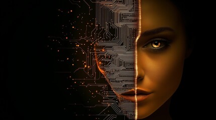 AI-generated woman's face merging with digital circuitry, symbolizing technology