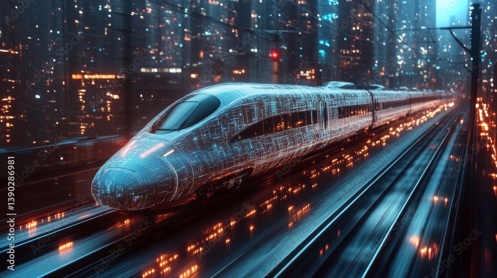 Leinwandbilder a high speed train moves smoothly along tracks within a bustling, illuminated urban environment. the
