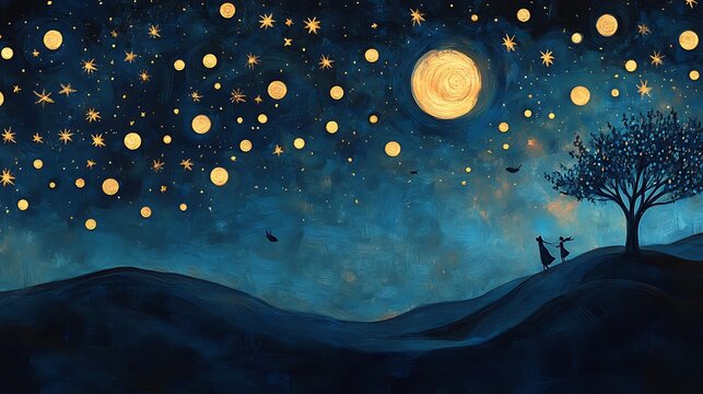 Two girls walk a hill under a magical night sky filled with glowing orbs and stars.
