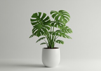 Photorealistic monstera deliciosa in white ceramic pot with tropical foliage and minimalist style