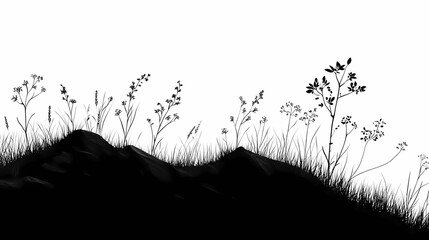 Silhouetted Floral Landscape: Minimalist Nature Illustration with Contrasting Black and White Design