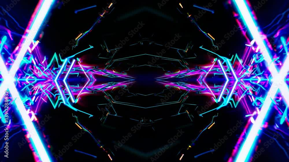 Poster vibrant neon lights form a striking symmetrical pattern, creating a futuristic and dynamic visual ex