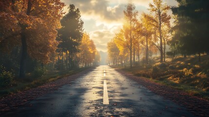 Obraz premium Golden sunset over lake with autumn leaves on path and trees picture