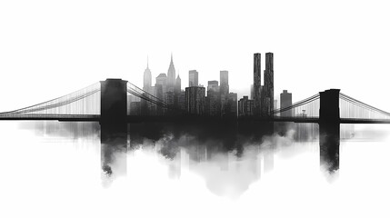 Black and White New York Cityscape Silhouette: Iconic Skyline and Bridge Reflection in Misty Urban Landscape