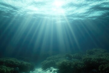 Fototapeta premium Sunlight filters through waves, illuminating serene underwater l